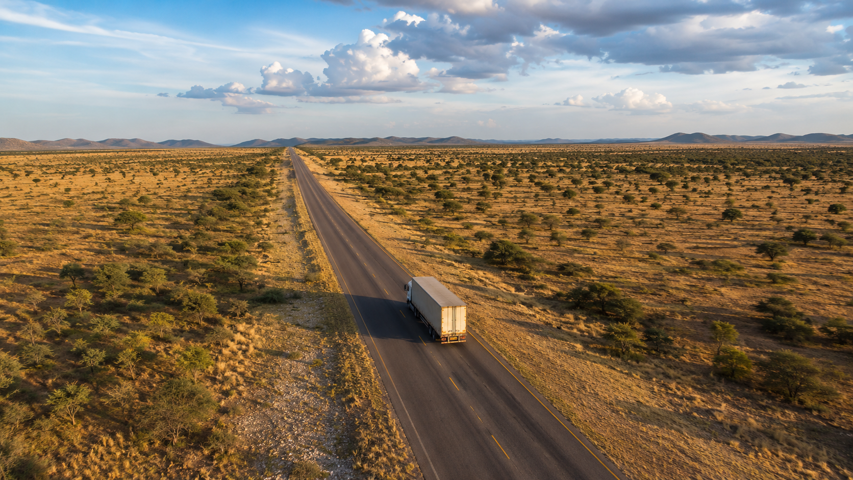 Aerial view of a cargo truck on a long trade route through the bush