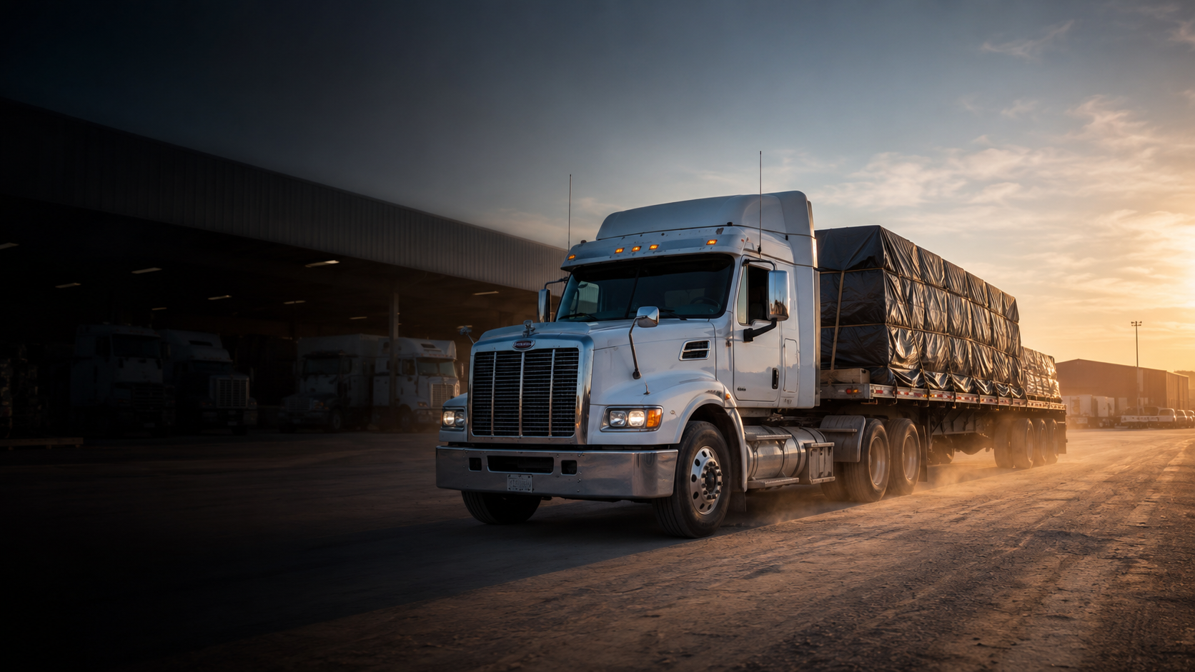 Flatbed truck with secured cargo pulling out of the depot at dawn